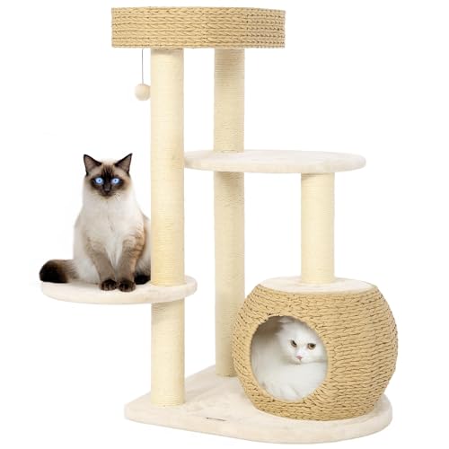 Image of KAMABOKO Modern Cat Tree, 39 inch Tall Cat Tree for Large Cats Cat Condo | Natural Sisal with Scratching Posts Indoor Cats, Hand-Woven Tower & Top Perch, Cat-Tree for Kittens Climb Play & Rest