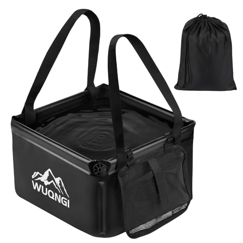 WUQNGI Ciotola Pieghevole da Campeggio 15L, Ciotola Pieghevole da Campeggio con Maniglia e Scomparto Extra, Secchio Pieghevole in Tessuto Resistente di Tela (Nero)