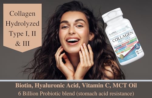 KAPPA NUTRITION (120 Capsules), Collagen Type I, II, III, 6 Billion Probiotics Acid Resistance, (120 Capsules), Hyaluronic Acid, Vitamin C, Biotin & MCT Oil, Hair, Nails, and Skin