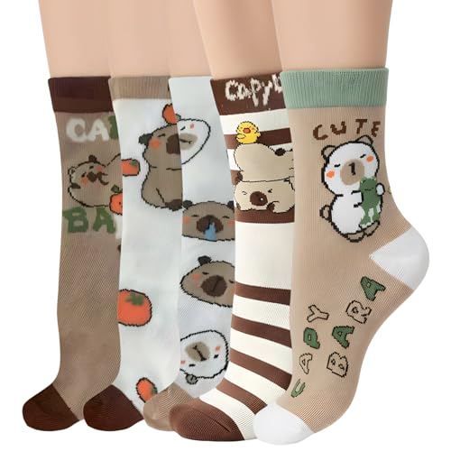 ZVBRSKM 5 Paar Capybara Socken, Wasserschwein Socken, Lustige Capybara Sachen, Bequeme Sushi, Einheitsgröße