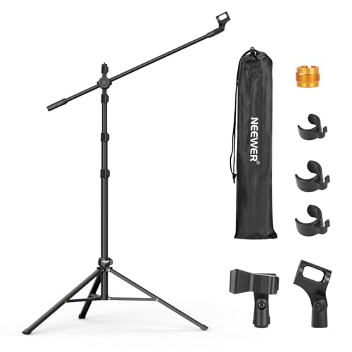 Image of NEEWER Mic Stand Floor, Microphone Tripod with Boom Arm, Heavy Duty Adjustable Stand & Arm with 2 Mic Holder Clamps, 3 Cable Clips, Bag, 3 /8 inch to 5 /8 inch Adapter for Singing Podcast Recording, MS046