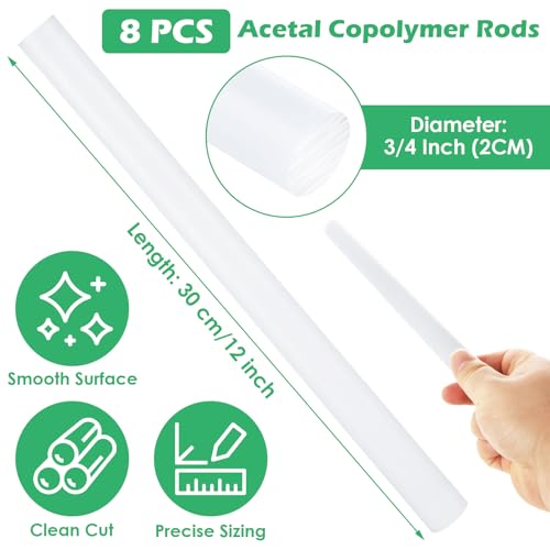 Image of 8 PCS White Plastic Rods 3 /4 Inch Round Acetal Copolymer Rods 3 /4 Inch Diameter and 12 Inch Length (POM-C) Round Plastic Rods 3 /4 White Acetal Copolymer Rods Perfect for Non-Marring Fixtures