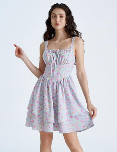Image of Scarlet Darkness Floral Mini Corset Dress for Women Teen 2026 Summer Spring Flowy A-Line Sundress with Pockets
