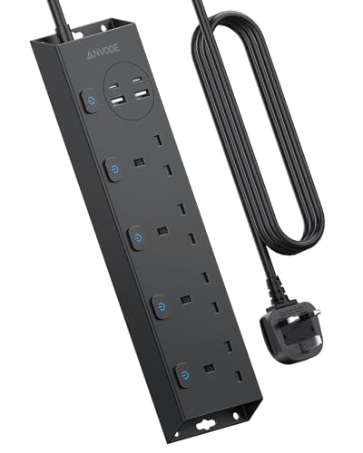 4 Way Extension Lead with USB (2 USB C) ANVODE Plug Extension Socket with Individual Switches Multi Plug Power Strip for Home Office Dorm 2M Extension Cable Black