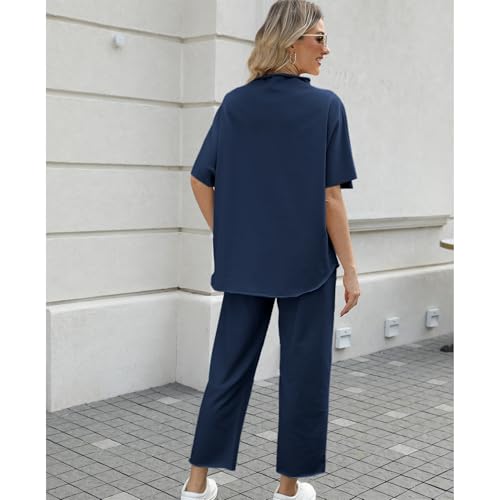 Image of SeeLuNa Women's Two Piece Outfits 3 /4 Batwing Sleeve Capelet Crew Neck Pullover Top Wide Leg Pants Lounge Set