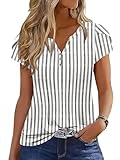 ETCYY Womens Tops 2026 Trendy Summer Ladies Tops Petal Short Sleeve T Shirts Trendy Striped Tunic V Neck Dressy Casual Blouse,Striped Gray,Small