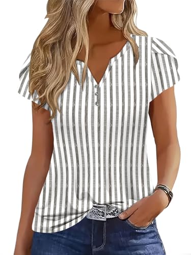 ETCYY Womens Tops 2026 Trendy Summer Ladies Tops Petal Short Sleeve T Shirts Trendy Striped Tunic V Neck Dressy Casual Blouse,Striped Gray,Small