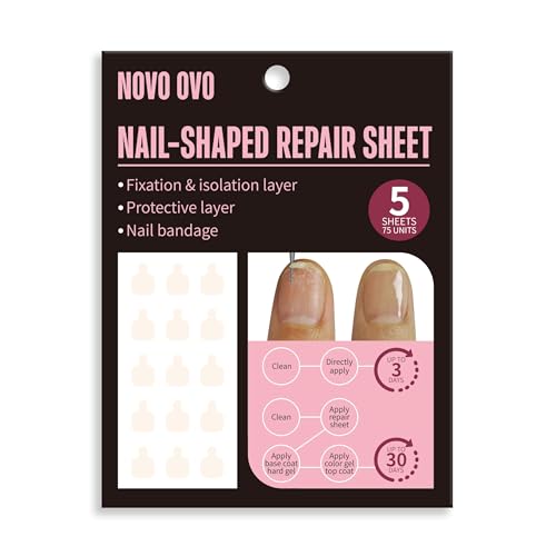 NOVO OVO Pre-cut Nail Repair Sheets, Fixier- & Isolationsschicht, Verband für gebrochene Nageloberflächen, Recovery Protective layer für Acryl, Invisible sofort und einfach zu verwenden 75 Einheiten