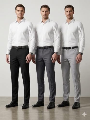 Image of Men's Premium Formal Trousers, Slim Fit Premium Fabric Blend, Pack of 3, Black, Dark Grey, Light Grey