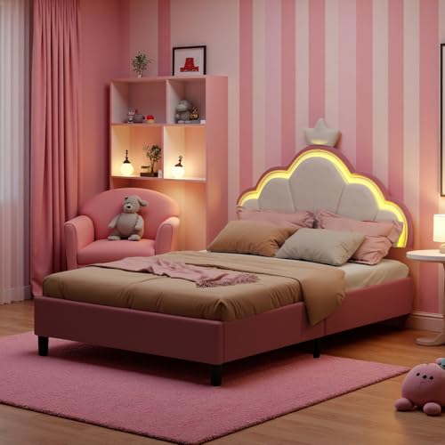 KRYZOR Cama acolchada 90x200 con somier, Cama infantil 90x200 con iluminación LED, diseño de princesa, camas de niña con cabeza de pétalos con corona, camas individuales acolchadas (rosa, 90x200cm)