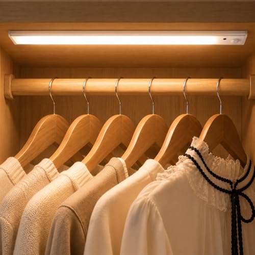 Image of One94Store 40CM Rechargeable Motion Sensor LED Light - Wireless Under Cabinet Light with 3 Color Modes, 1200mAh Battery, Dimmable Stick-On Lamp for Kitchen, Wardrobe & Bedroom, White Plastic