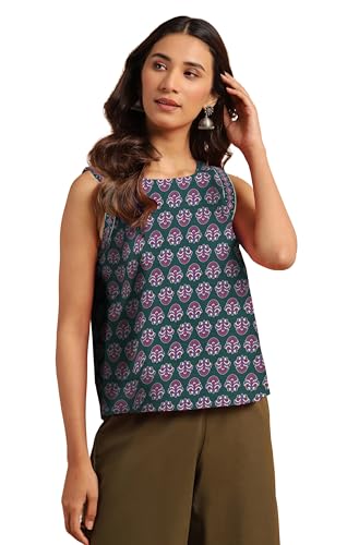 Janasya Women's Green Pure Cotton Floral Printed Top (JAC24TP01534-2XL)