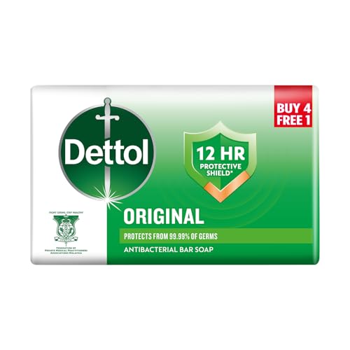 Dettol Original Body Soap for Men & Women Lasting Fresh Odour Protection Pine Fragrance Dermatologically Tested Antibacterial Bar Soap 5x100g 4 + 1 Free