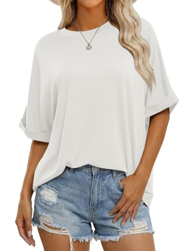 Cicy Bell Damen Oversize T Shirt Rundhals Kurzarm Tops Sommer Casual Loose Fit Tops Bluse., Blanco, L
