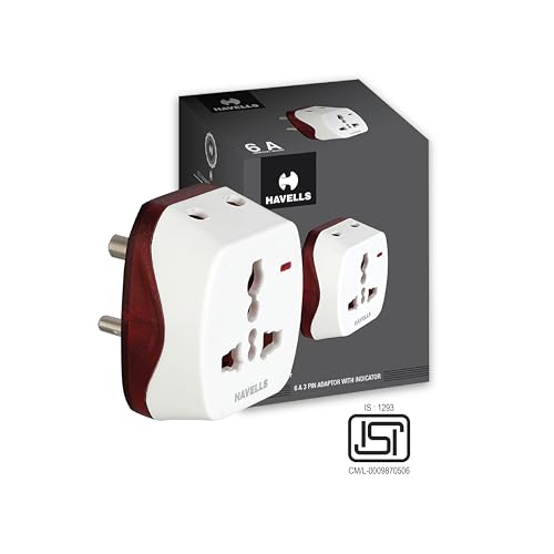 Image of Havells 3 Pin Universal Heavy Duty Nickel Plated Brass Adaptor, Rated with 6A, 240 V AC, LED Indicator for Visibility of ON /Off Status, Flame Retardant and UV Stabilized for Safety Assurance (White)