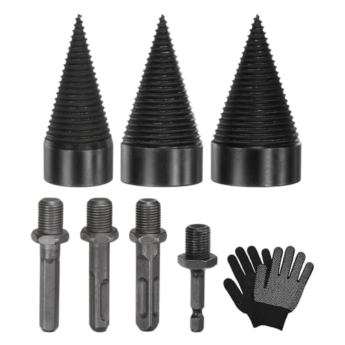 M METERXITY 3-Pack Wood Splitter Drill Bit 38mm + 45mm + 50mm + 4 Handles (Square+Round+Hex Shank+Small Hex) Firewood Log Splitter Drill Bit with Gloves for Outdoor/Stove/Farm[Black+Grey]