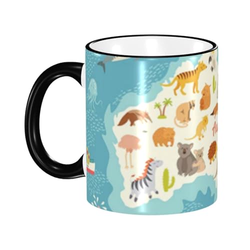 330ml 環境に優しいセラミックマグカップ ユニークなデザイン 美しく実用的(動物の世界地図 オーストラリア オーストラリアの哺乳類 漫画 幼稚園児用)