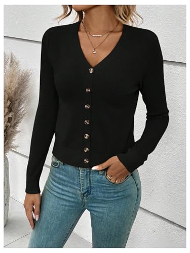 Image of Verdusa Women's Button Down Lightweight Cardigan Sweaters Old Money Long Sleeve Fitted Knit Tops Spring Fall Outfits