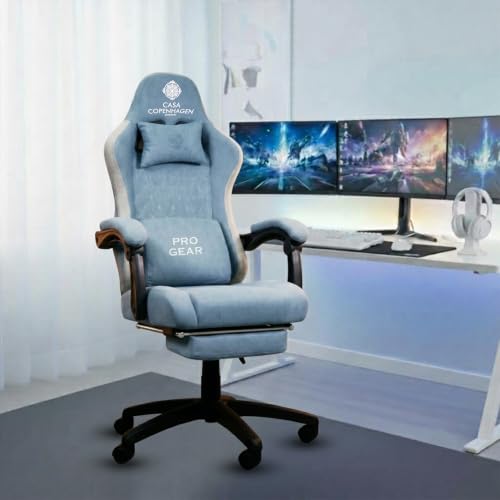 Image of Casa Copenhagen Designed in Denmark,High-Back Italian Leather Gaming Ergonomic Chair with Advanced Mechanism & Electric Back Massager, Memory Foam Seating & Multi Function Arm-Rest - Denim Blue & Grey