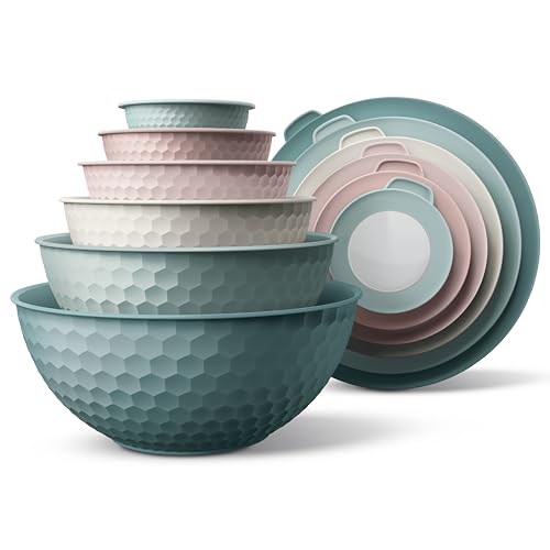 COOK WITH COLOR Mixing Bowls with Lids - 12 Piece Plastic Nesting Bowls Set includes 6 Prep Bowls and 6 Lids Microwave Safe Mixing Bowl Set Teal Embossed