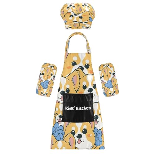 Bulletgxll Cartoon Dog Kids Apron and Chef Hat Set Adjustable Bib Aprons with Pockets for Cooking Baking Painting