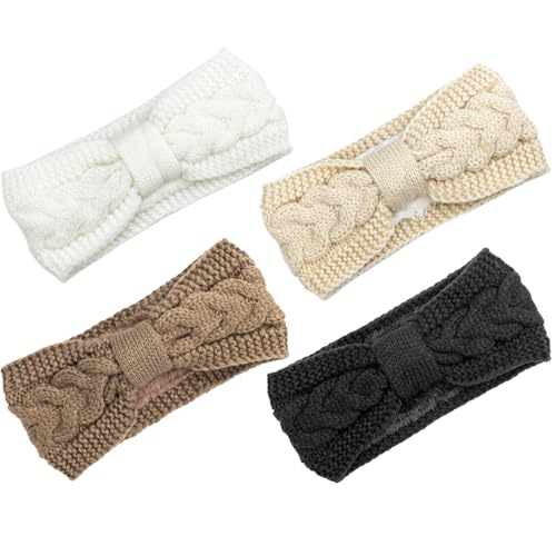 AQOKKA Knit Winter Headbands for Women Fuzzy Wool Fleece Lined Ear Warmers Elastic Turban Crocheted Head Wrap Winter Accessories for Women Cold Weather