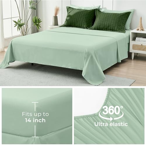 Image of HYMOKEGE Dark Green /Sage Green Oversized Queen Comforter Set Seersucker 7 Pieces, All Season Luxury Bed in a Bag for Bedroom, Bedding Set with Comforter, Sheets, Pillowcases & Shams