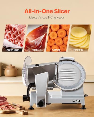 Image of VEVOR Commercial Meat Slicer, 10 inch Electric Food Slicer, 240W Frozen Meat Deli Slicer, Premium Chromium-plated Steel Blade Semi-Auto Meat Slicer For Commercial and Home use