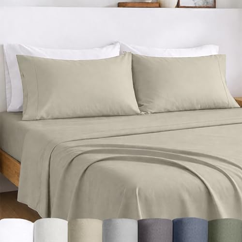 California Design Den Certified 100% Egyptian Cotton Percale Sheets Queen Size Set - Lightweight, Deep Pocket Queen Cotton Sheet Set, Crisp & Durable Luxury Bedding Set - Beige