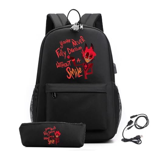 LKY STAR Anime Hazbin Hotel Backpacks and Pencil Case Angel Dust/Alastor Bookbags with Combination Lock Boys Girls Elementary School Bags for Travel Outing