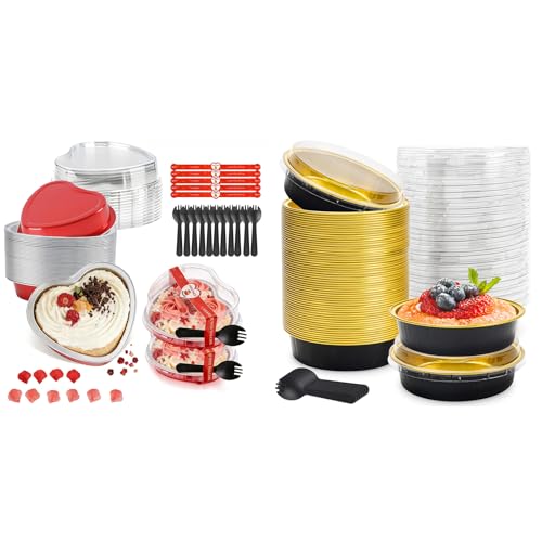 Bundle of Valentines Gifts Heart Shaped Cake Pans with Lids 9oz and 8 OZ Mini Cake Pans Disposable Ramekins with Lids for Parties, Weddings, Birthdays, Home Bakery