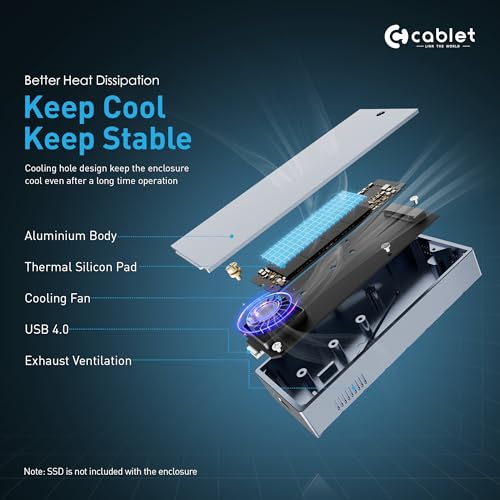 Image of Cablet 40Gbps M.2 NVMe SSD Enclosure USB 4.0, Fast USB C External SSD Case Cooling Fan, Aluminum Body, UASP & Trim, 8TB Max, Compatible with M & M+B Key, SSD Size 2230 /2242 /2260 /2280(SSD not included)