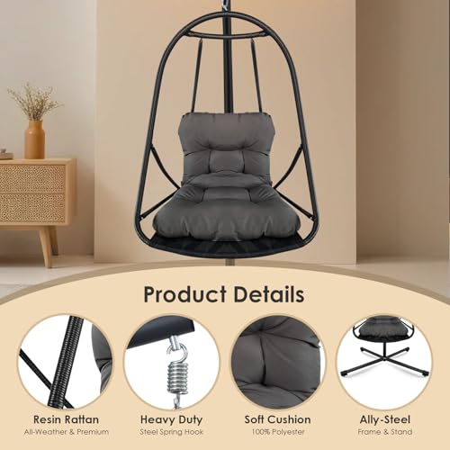 Image of JESE Swing Egg Chair Foldable Frame Hanging Chairs, UV Resistant Waterproof Cushion and Cup Holder,Swing Hammock Chairs for Patio,Bedroom,Balcony, Garden-350lbs, Stand Included, Brown