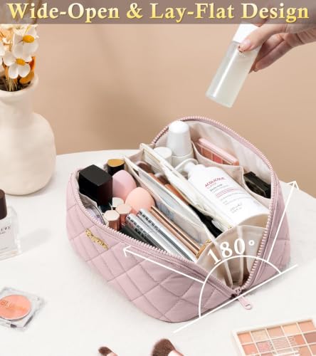 Image of Travel Makeup Bag, Large Capacity Puffy Toiletry & Cosmetic Bag for Women | 3 PCS Open Flat Quilted Makeup Cosmetic Organizer, Waterproof w /Clear Divider Portable Pouch for Skincare Travel Essentials