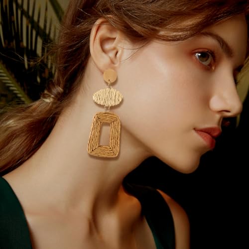 Image of Handmade Raffia Hoop Earrings Statement Tropical Bohemian Straw Dangle Earrings Natural Rattan Vacation Style Round Earrings for Women Summer Beach Party Essential Jewelry