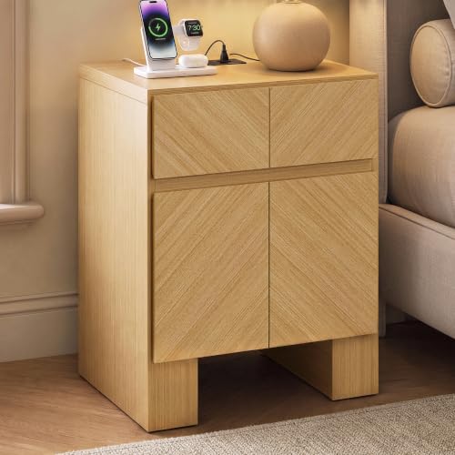 Image of ModernMate 23.5 inch Tall Modern Nightstand, Wood Bedside Table with Drawer, USB-C Port, Wooden Night Stand End Table for Bedroom, Sofa, Chevron Pattern Design, Stable Legs, Natural Oak