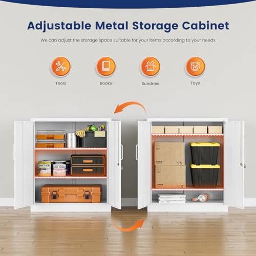 Image of Yizosh Metal Garage Storage Cabinet with 2 Doors and 2 Adjustable Shelves - 35.5 inch Steel Lockable File Cabinet for Home Office,Garage,Gym,School (White)
