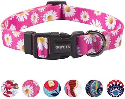 QQPETS Adjustable Soft Dog Collar: Print Flower Pink Multicolor Cute Patterns for XS Small Medium Large Pet Girl Boy Puppy Walking Running Training (S, Small Daisies)