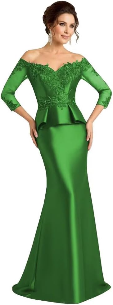 Laces Applique Mother of The Bride Dress Satin Long Elegant Mermaid Off Shoulder 3/4 Sleeves Wedding Guest Gown