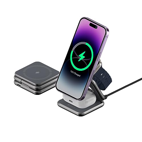ADAM elements Magnetic Wireless Charger/Travel Charger – Mag 3 Magnetic 3in1 Foldable Travel Charging Station for iPhone 12/13/14/15 series, Apple Watch & AirPods series