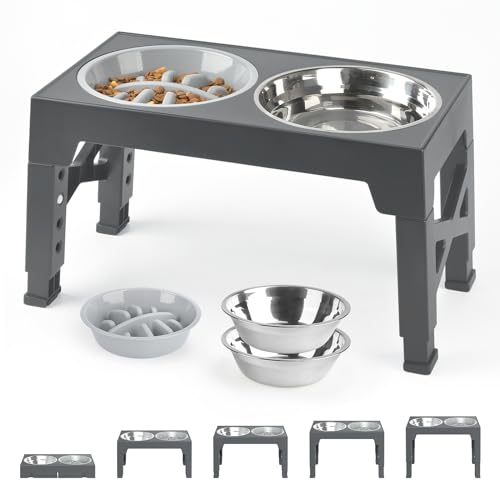 Petace-Elevated-Dog-Bowls-with-2-Stainless-Steel-Dog-Food-Bowls-and-1-Dog-Slow-Feeder-Bowl-5-Heights-Adjustable-Raised-Dog-Bowl-for-Small-Medium-Large-Dogs-Grey