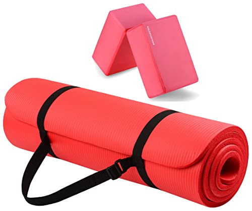 BalanceFrom All Purpose 1/2-Inch Extra Thick High Density Anti-Tear Exercise Yoga Mat with Carrying Strap and Yoga Blocks, Red by Fitvids - Used condition - CA$32.72
