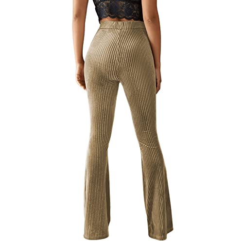 PETYCZEN Women\'s Ribbed Velvet Elastic Waist Bell Bottom Pants Casual Stretchy Corduroy Palazzo Pants Summer Beach Flare Long Yoga Pants Trousers Seamless Gym Leggings(C-Khaki,X-Large) - Thumbnail 3