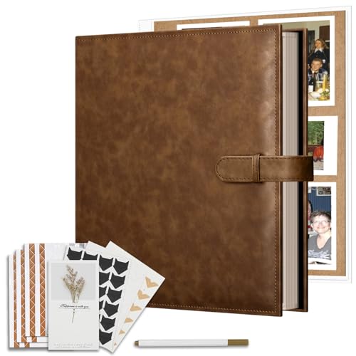 Vienrose 13x11 Inch 3 Ring DIY Scrapbook Album Gift Set Faux Leather Cover Blank Scrapbooks Photobook with 30 Plastic Sleeves 60 Kraft Pages for Valentine Gift Wedding Family Anniversary DarkBrown