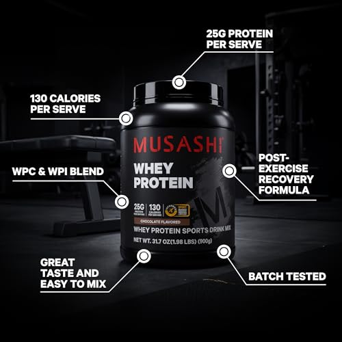 Image of Musashi Whey Protein Powder, Chocolate, 2kg (4.4 lb), WPC & WPI Blend, 25g Protein, 130 Calories per Serving | WPC & WPI Blend, 25g Protein per Serving, 130 Calories per Serving