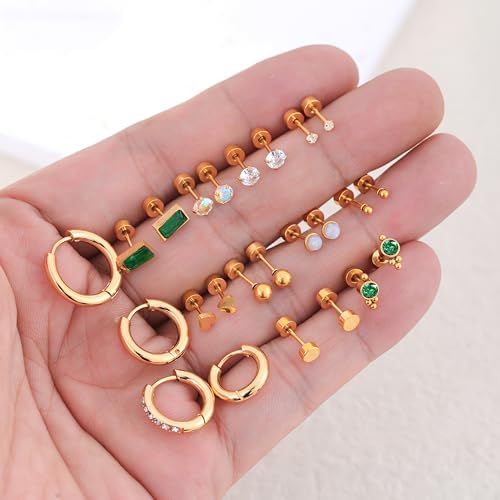 14 Pairs Gold Plated Surgical Steel Earrings Set,Suitable for Hoop Earrings Flat Back Stud Hypoallergenic Cartilage Earring for Women Men Girls Helix Piercing Stud Jewelry 5