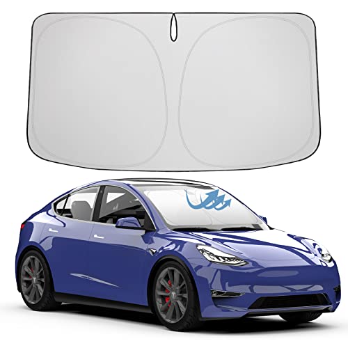 BEELIFY Parasol para Parabrisas para Tesla Model Y Model 3 2016-2023, Tela de Bloqueo de luz de Doble Capa, Parasol Plegable con Bolsa de Almacenamiento