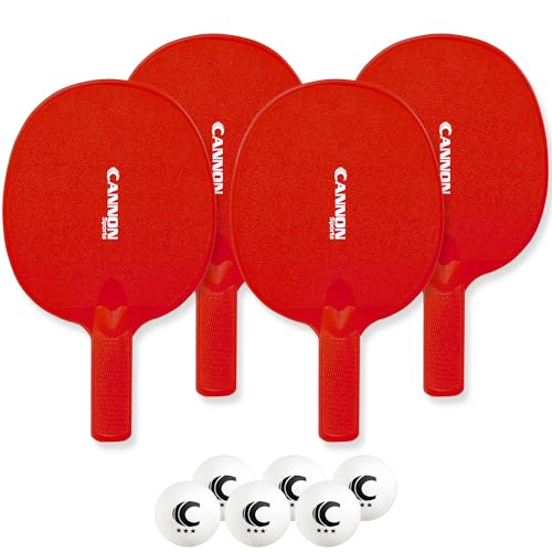 Cannon Sports Unbreakable Table Tennis Paddle Set - 4 Rackets with 6 Pack of 3-Star Table Tennis Balls – Portable Set for 4 Players (4 Red Paddles + 6 White Balls)