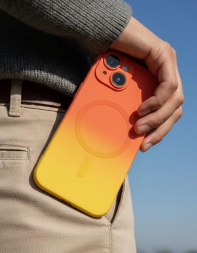 Image of amazon basics Gradient Mag-Safe Case for iPhone 15 | Soft Silicone Shockproof Cover with Camera Protection | Slim Lightweight Design | Smooth Touch & Durable - Orange & Yellow