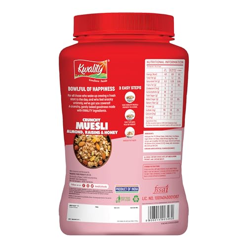 Image of Kwality Crunchy Muesli Almond, Raisins and Honey, Goodness of Multigrain, High in Fibre Source of Vitamin, Iron and Protein 1Kg Jar [Pack of 1]